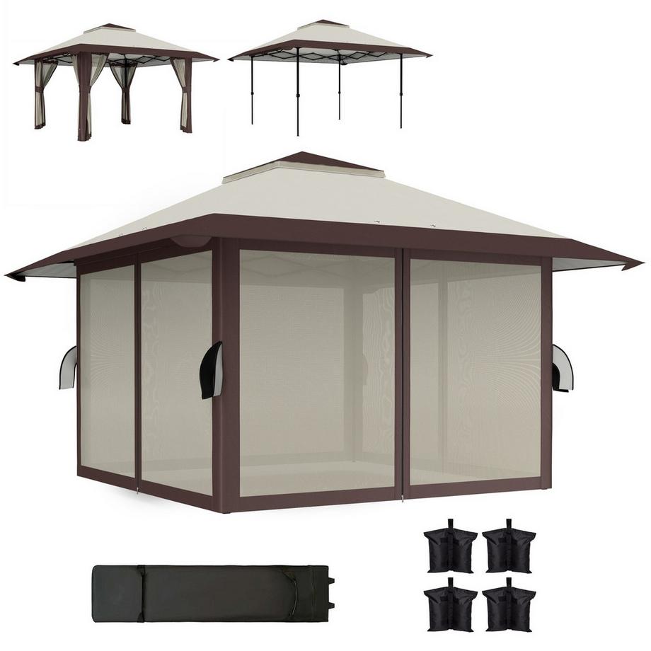 Pavillon 4x4m Wasserdicht Höhenverstellbar Pop-up Faltpavillon mit Netzwänden UV 50+ Faltbar Partyzelt Gartenzelt mit Tragetasche Sandsäcke Gartenpavillon für Camping Garten Festival, Beige Aosom