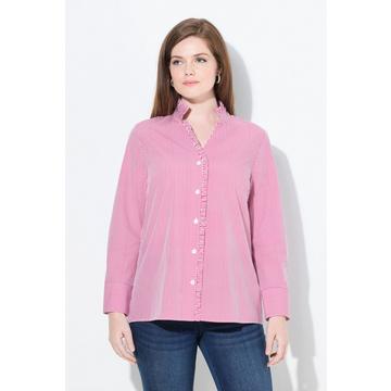 Blusa a righe con ruche, collo alto e maniche lunghe