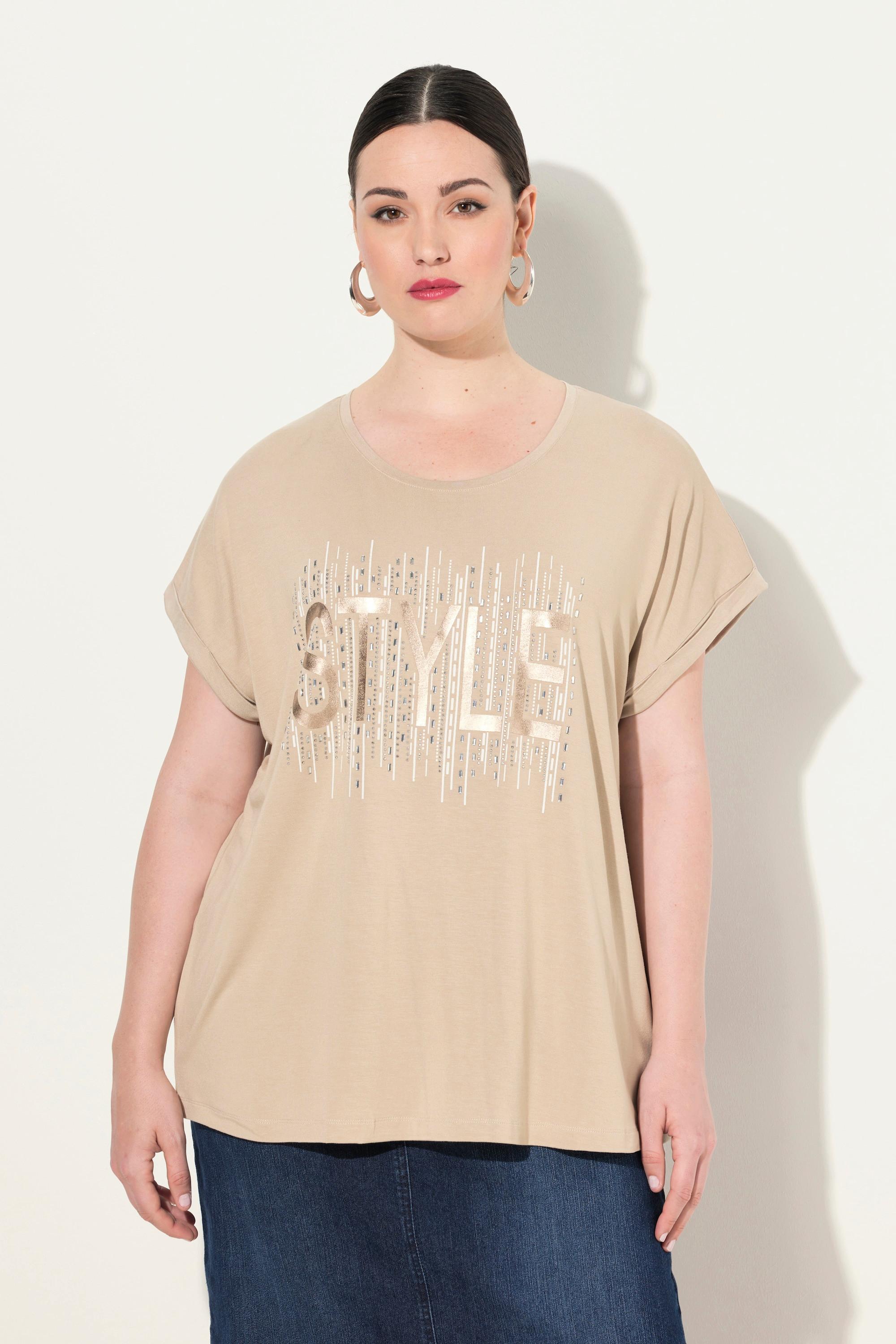 Ulla Popken  T-shirt dal taglio oversize con applicazioni, scollo rotondo e mezze maniche 