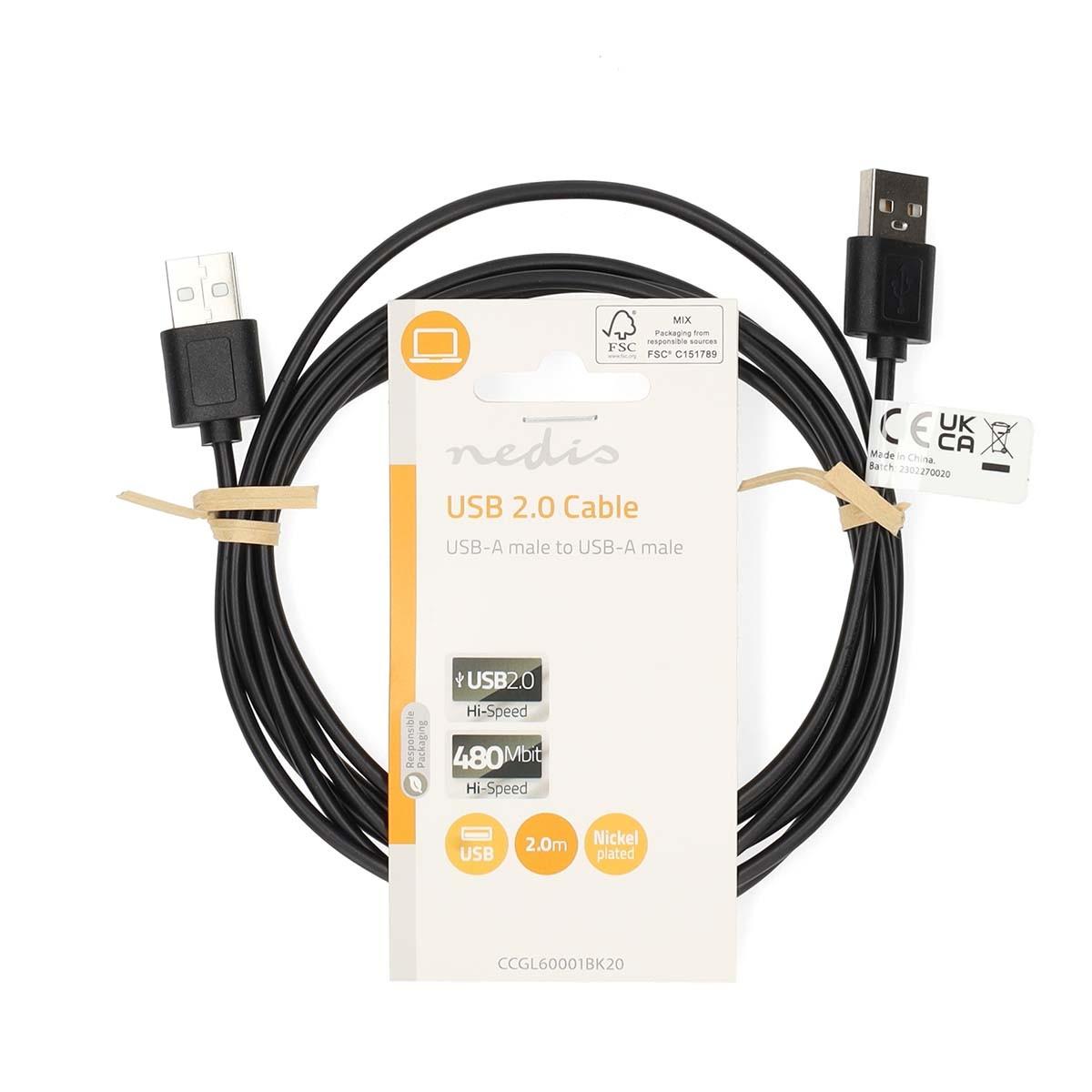 Nedis  Câble USB | USB 2.0 | USB-A mâle | USB-A mâle | 480 Mbps | Nickelé | 2.00 m | Rond | PVC | Noir | Etiquette 