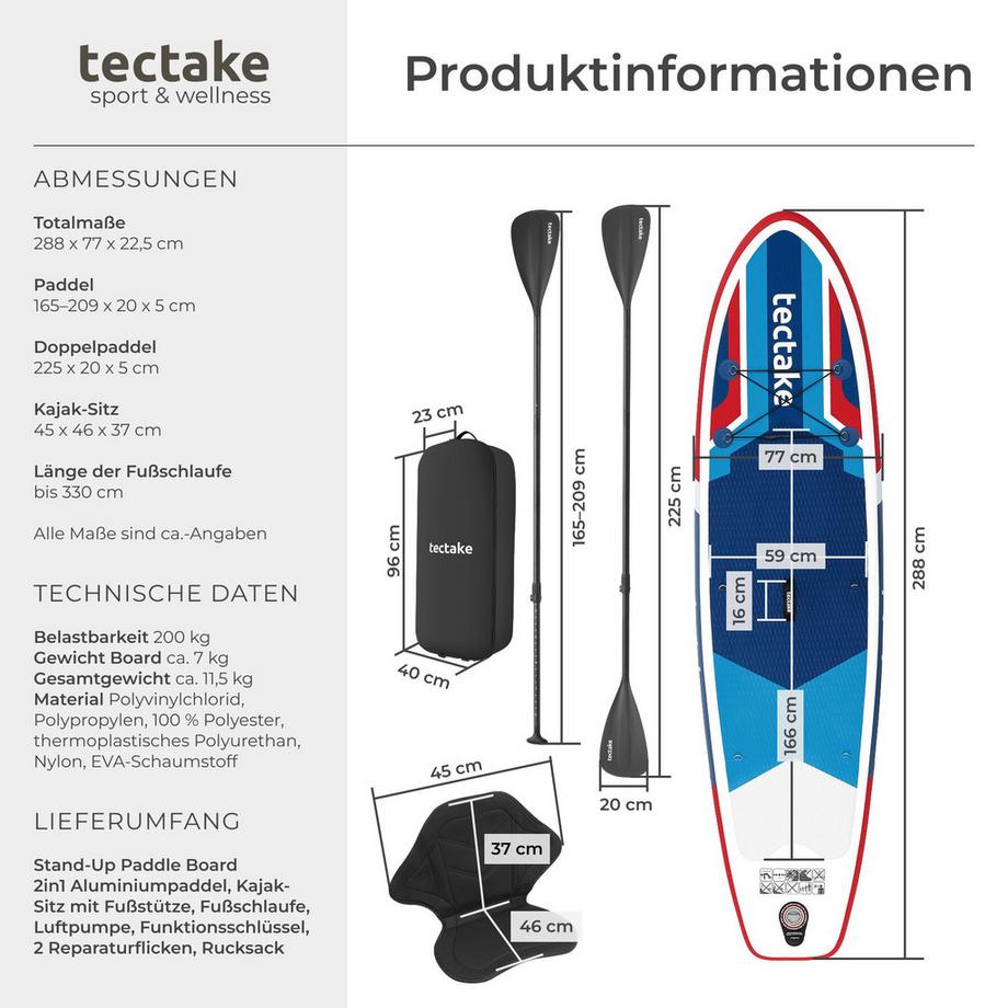 Tectake  Planche de stand-up paddle  2-en-1 en matériau Drop-Stitch 
