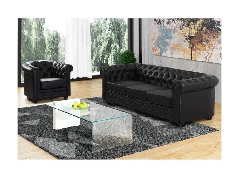 Vente-unique Sofa 3-Sitzer und Sessel - Kunstleder - Schwarz - CHESTERFIELD  