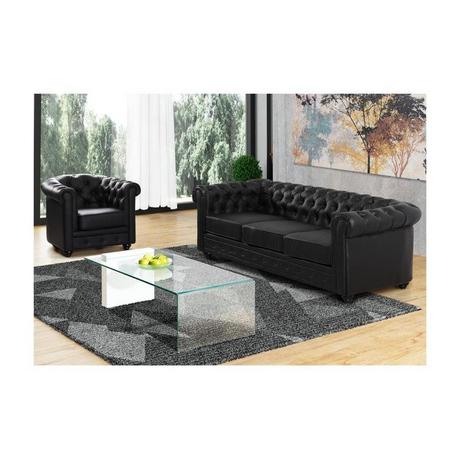 Vente-unique Sofa 3-Sitzer und Sessel - Kunstleder - Schwarz - CHESTERFIELD  