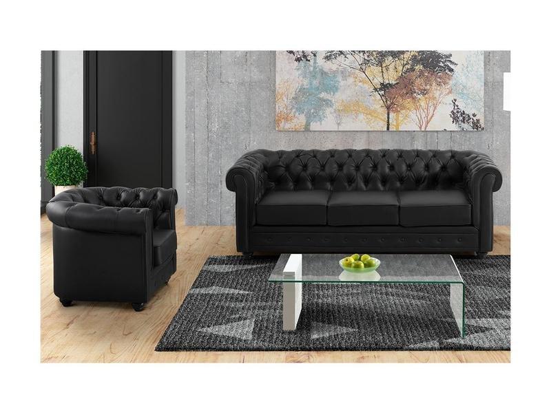 Vente-unique Sofa 3-Sitzer und Sessel - Kunstleder - Schwarz - CHESTERFIELD  