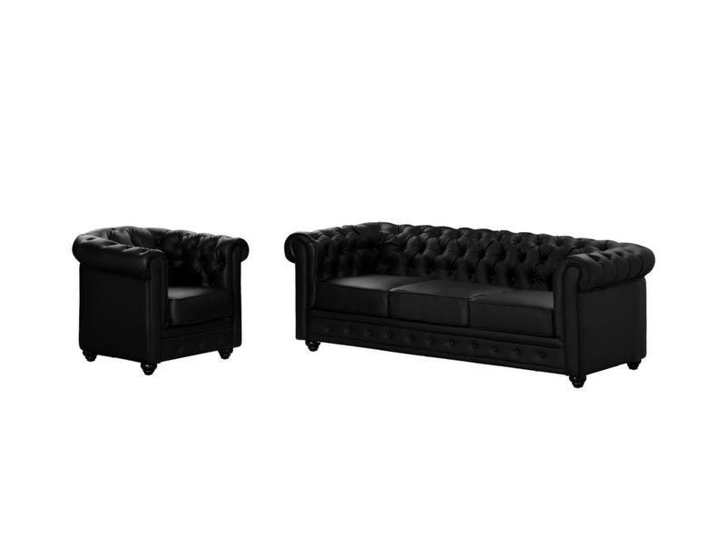 Vente-unique Sofa 3-Sitzer und Sessel - Kunstleder - Schwarz - CHESTERFIELD  