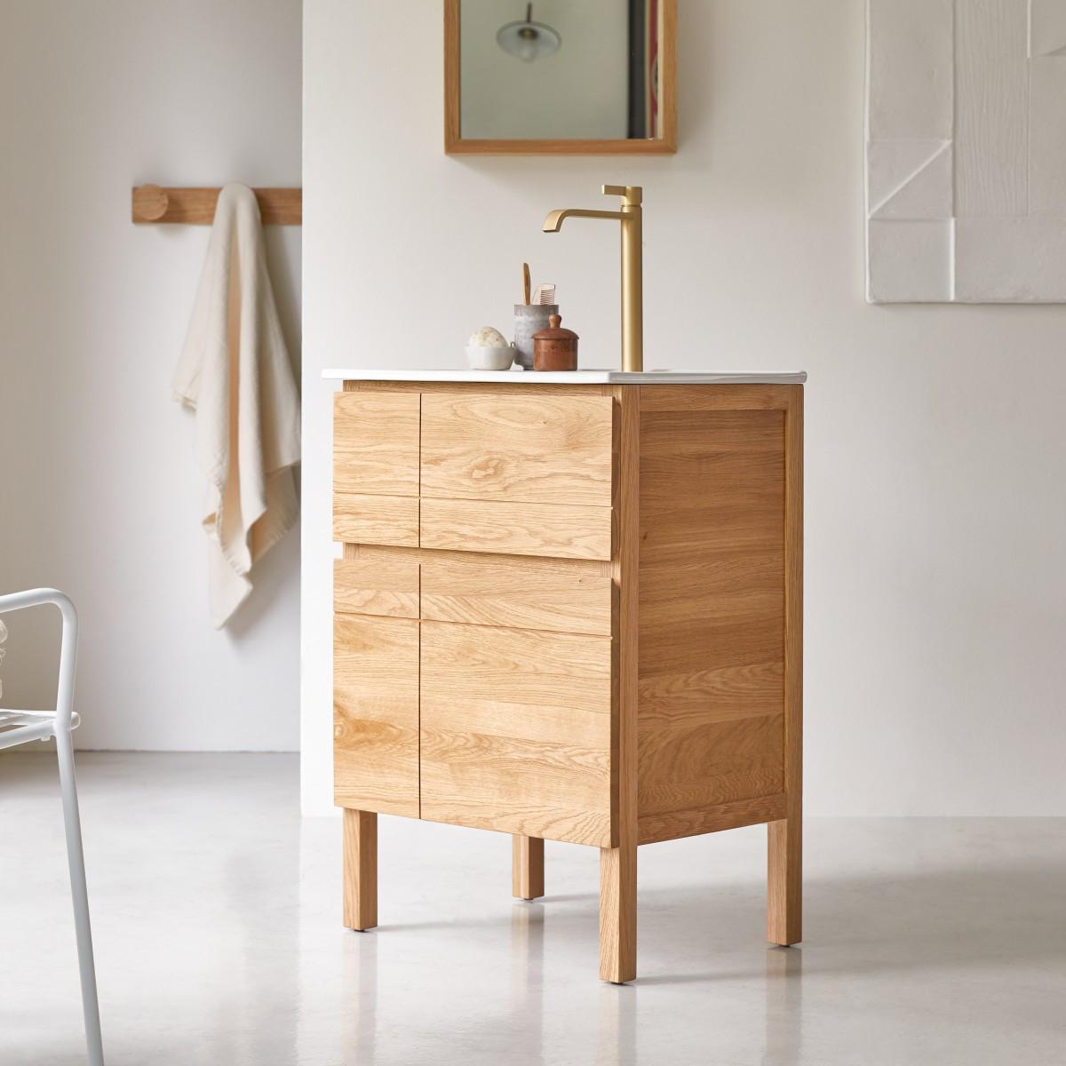 Tikamoon Waschtischkombination aus massiver Eiche und Keramik 60 cm Easy  