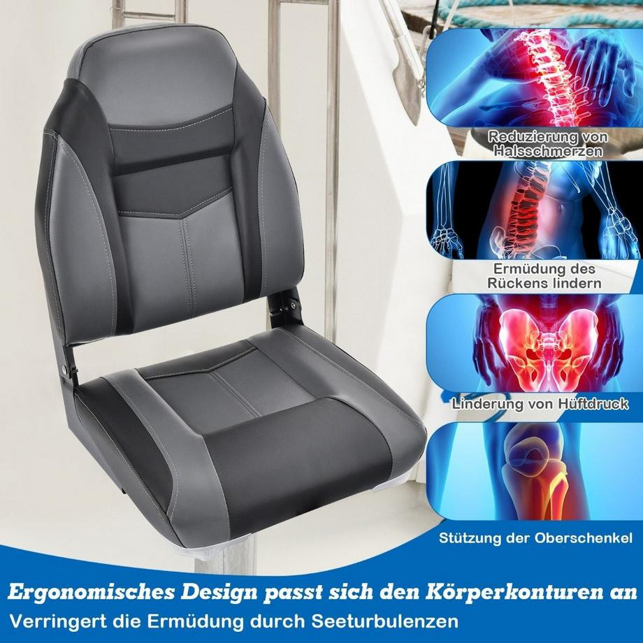 Northio  Hochlehner Bootssitz mit 10 cm Dicker Schwammpolsterung Klappbarer Bootsstuhl Schwarz 