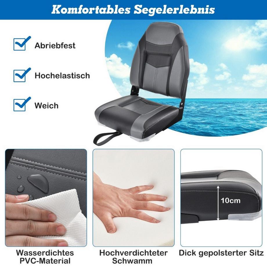 Northio  Hochlehner Bootssitz mit 10 cm Dicker Schwammpolsterung Klappbarer Bootsstuhl Schwarz 