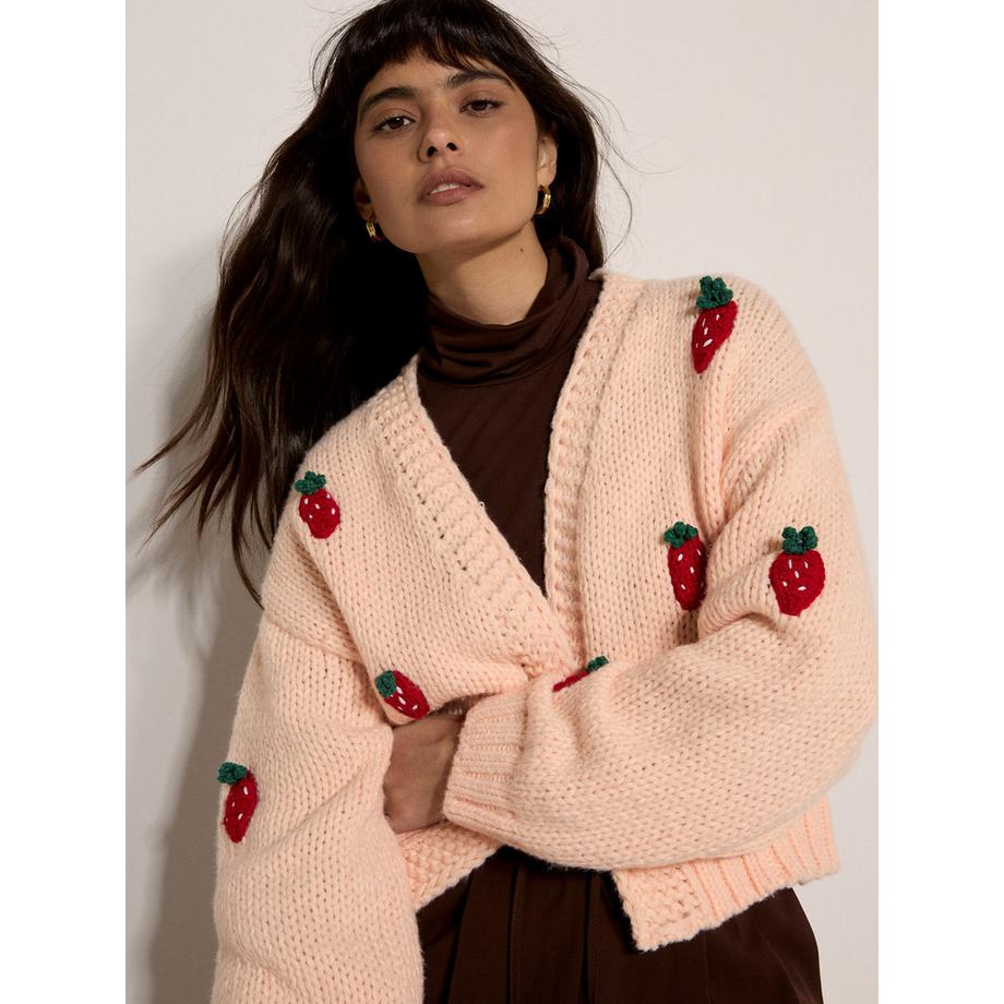 APRICOT Cardigan Maglia Grossa Motivo Fragole  