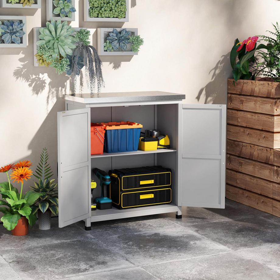 Northio Armoire de jardin Abri à outils d'extérieur en bois résistant aux intempéries avec plan de travail, double porte, étagère, armoire d'équipement, armoire de rangement, armoire polyvalente pour jardin, terrasse 79 x 43 x 92 cm gris  