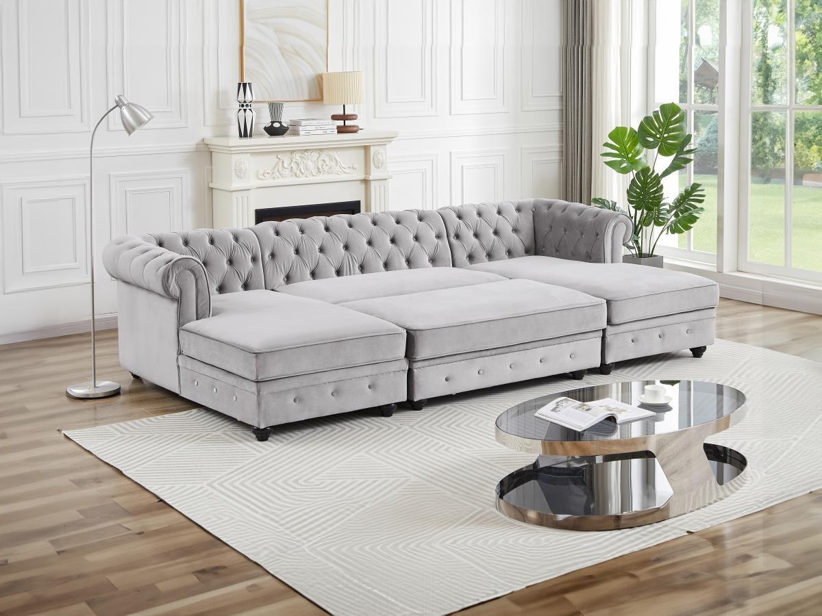 Vente-unique Wohnlandschaft & Hocker - Samt - Hellgrau - CHESTERFIELD  