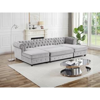 Vente-unique Wohnlandschaft & Hocker - Samt - Hellgrau - CHESTERFIELD  