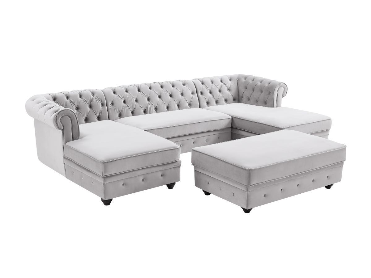 Vente-unique Wohnlandschaft & Hocker - Samt - Hellgrau - CHESTERFIELD  