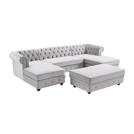 Vente-unique Wohnlandschaft & Hocker - Samt - Hellgrau - CHESTERFIELD  