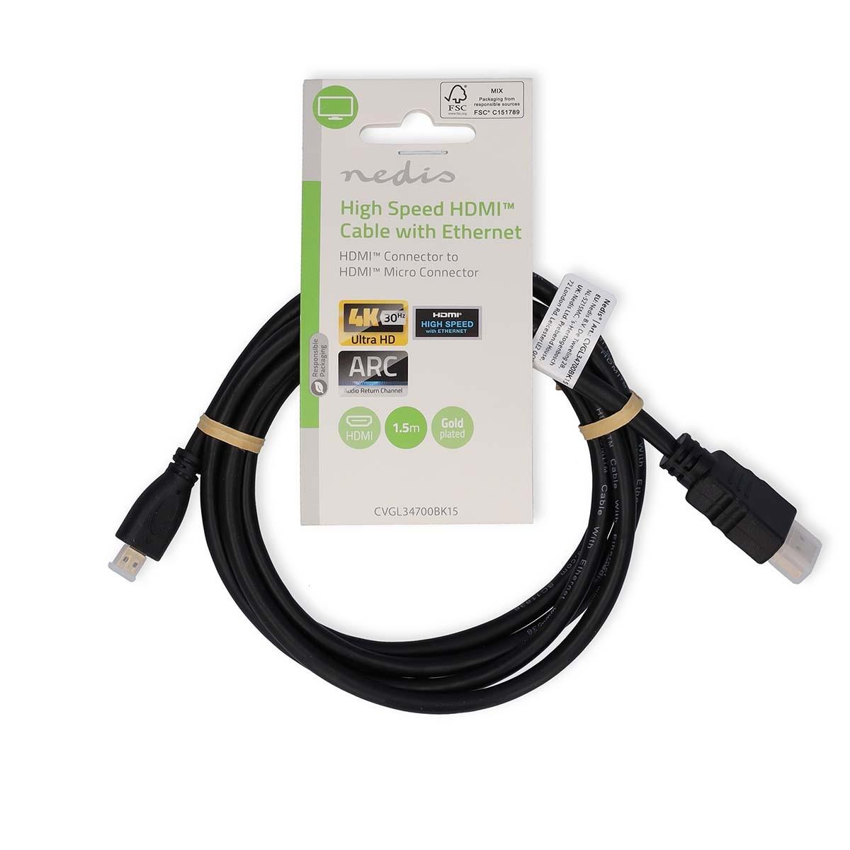 Nedis  Câble HDMI™ haute vitesse avec Ethernet | Connecteur HDMI™ | Connecteur HDMI™ Micro | 4K@30Hz | 10,2 Gbps | 1,50 m | Rond | PVC | Noir | Label 
