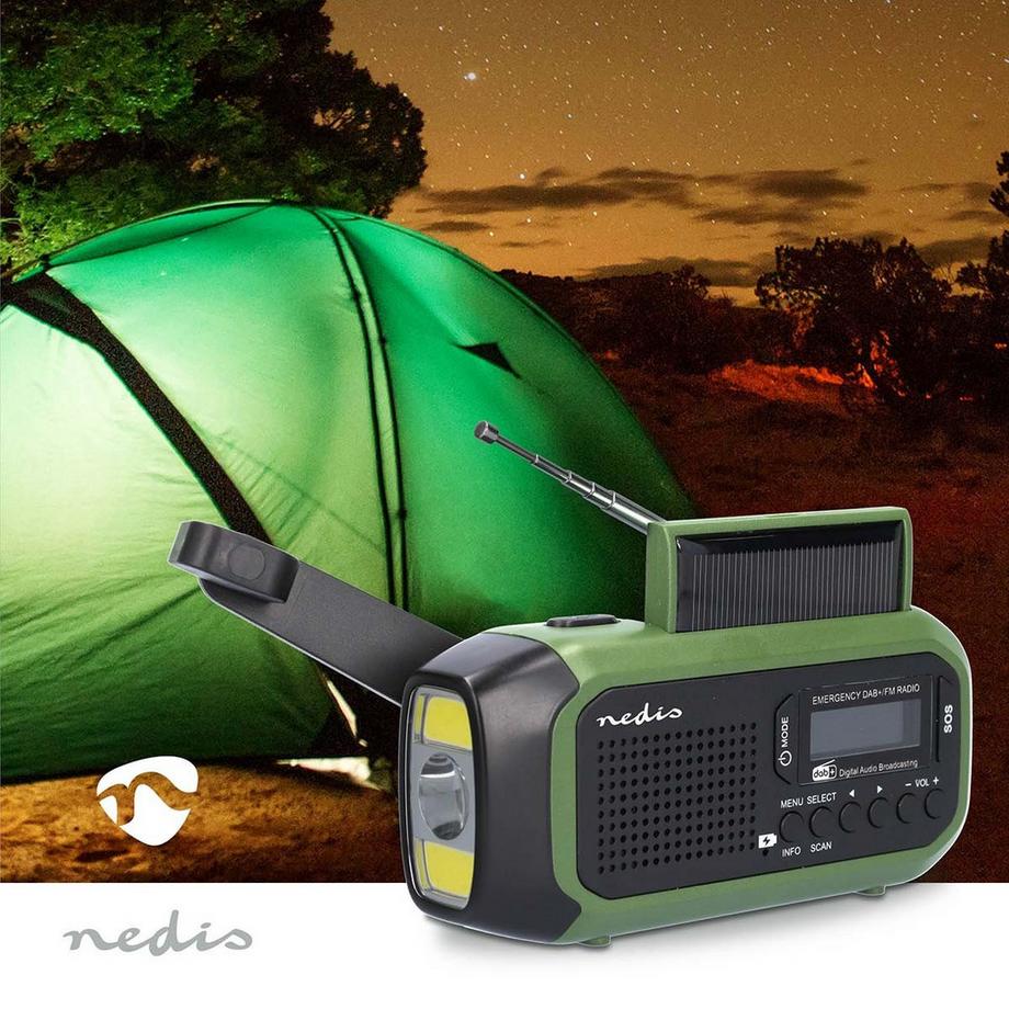 Nedis  Radio d'urgence | Conception portable | DAB + / FM | Alimentation de la batterie / HandVV / Solar Alited / USB | Réveil | Vert noir 