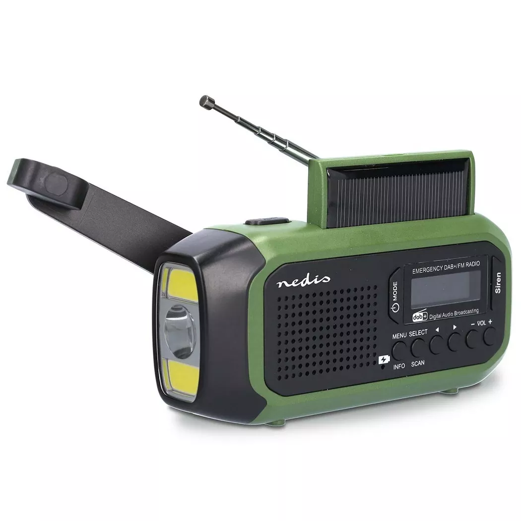 Nedis Portable Emergency DAB+/FM Wind Up Radio with Solar Panel & Hand Crank, with 2500mAh Rechargeable USB Power Bank, LED Torch & SOS Alarm, for Camp