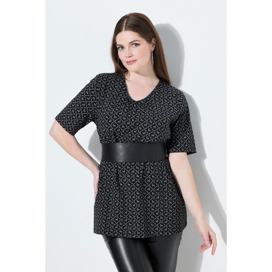 Ulla Popken T-Shirt Fantasia Tradizionale Taglio Svasato Scollo a V Mezze Maniche  