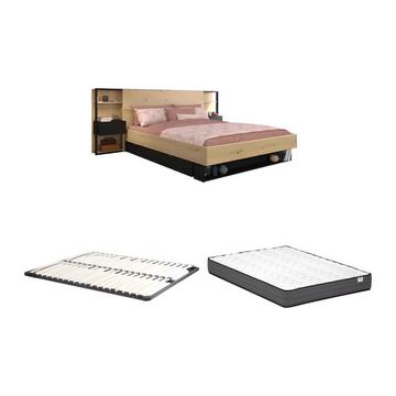 Lit avec chevets et rangements 160 x 200 cm - Coloris : Naturel et noir + Sommier + Matelas - MISTA