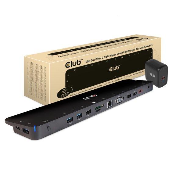 Club3D  UNIVERSAL USB Gen1 Typ-C Triple Display Dynamic PD Ladestation mit 65 Watt PS (VGA, HDMI, DP, ETHERNET) 