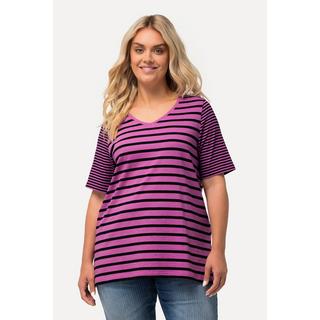 Ulla Popken  Shirt, Ringelmix, A-Linie, V-Ausschnitt, Halbarm 