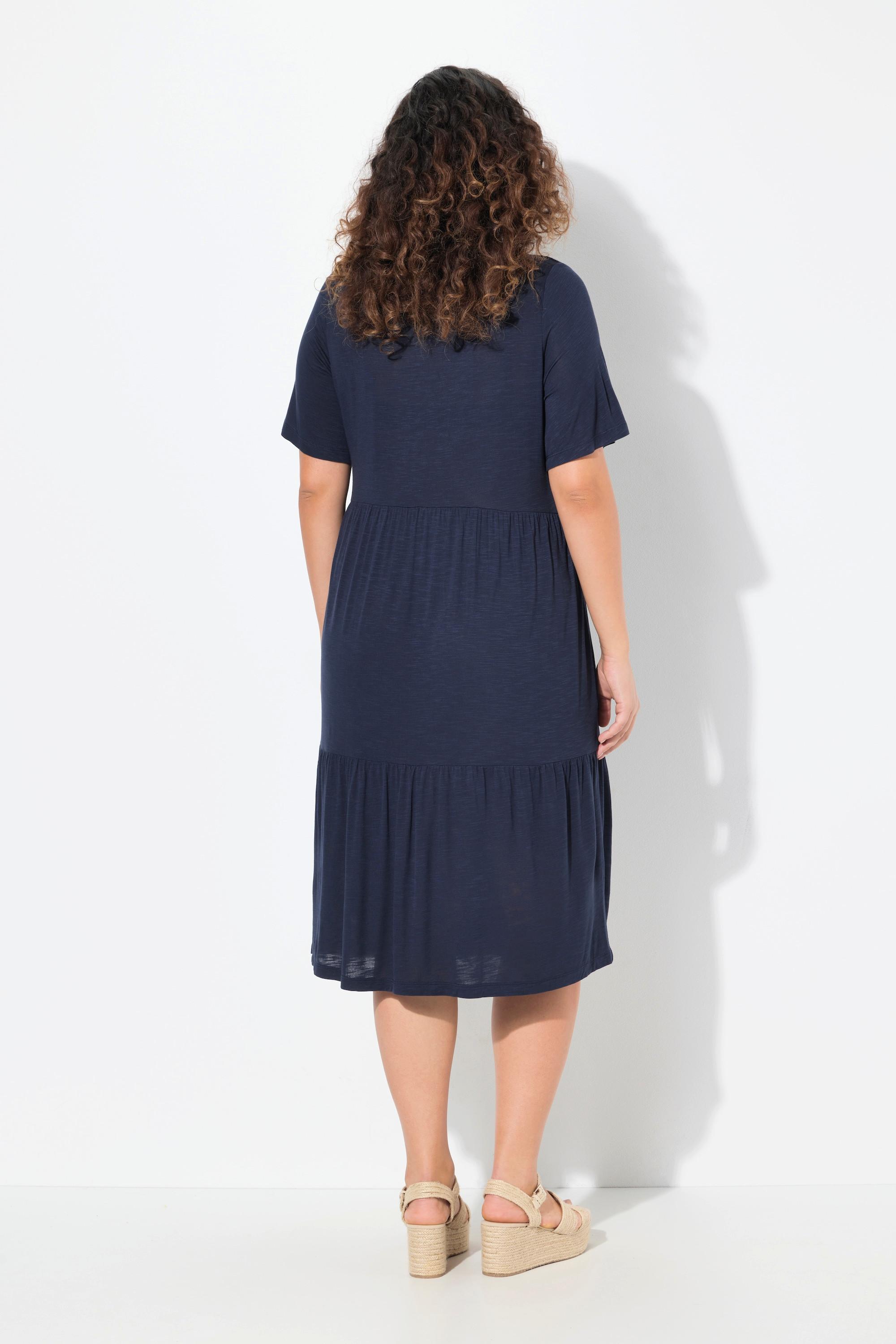 Ulla Popken Abito in jersey Inserto a punto smock Scollo a girocollo Mezze maniche svasate  