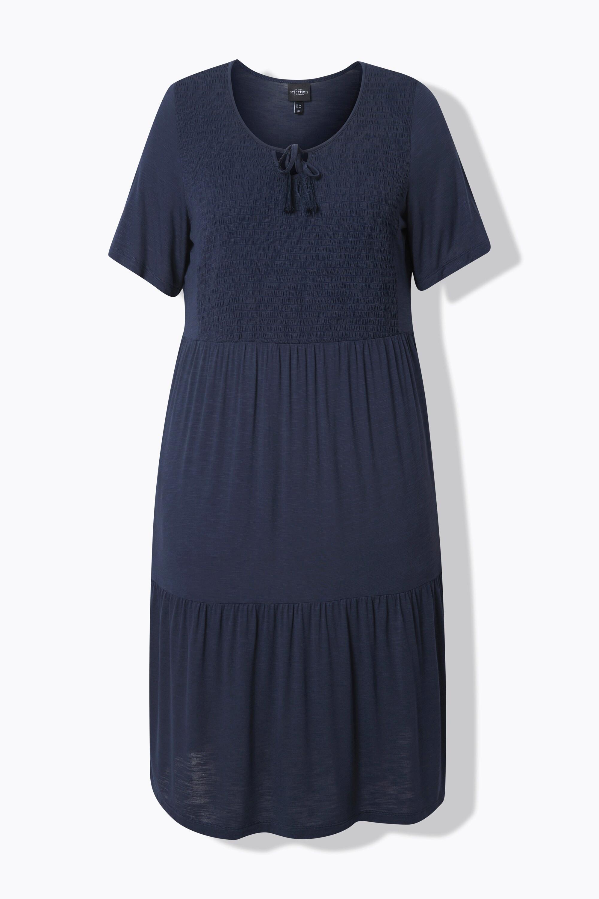 Ulla Popken Abito in jersey Inserto a punto smock Scollo a girocollo Mezze maniche svasate  