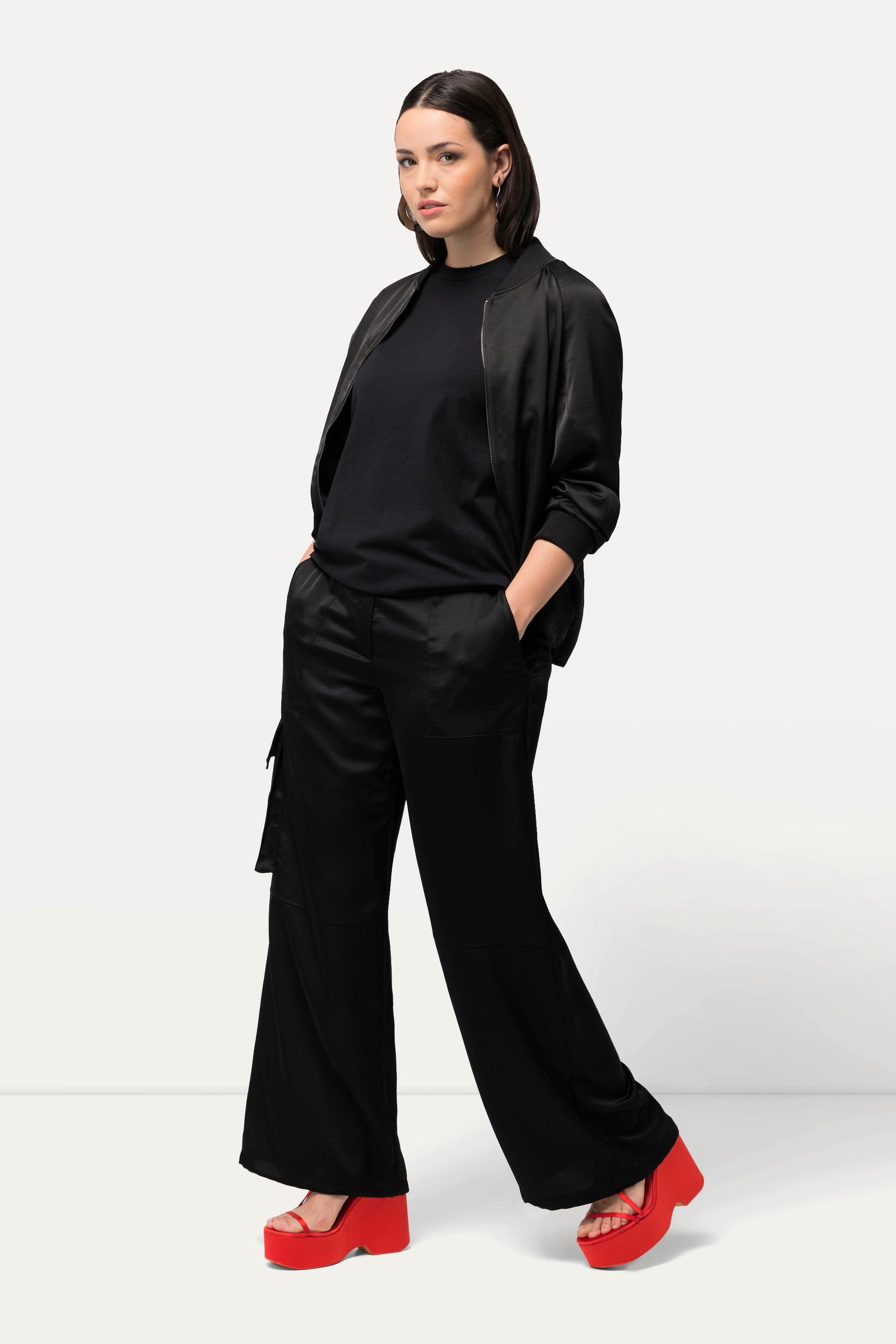 Ulla Popken Mary Satin Cargohose Weites Gerades Bein Elastikbund  