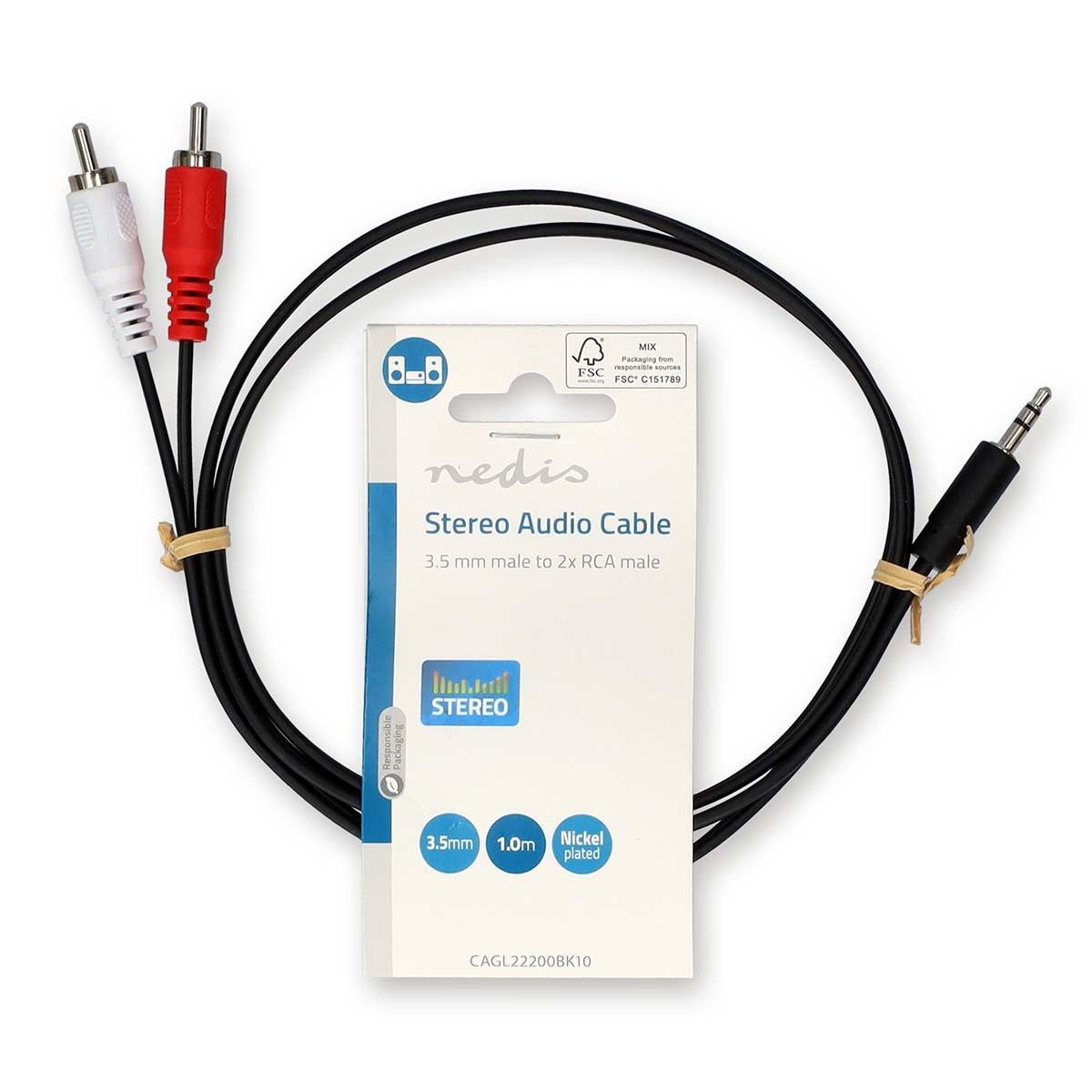 Nedis  Câble audio stéréo | 3,5 mm Hane | 2x RCA Hane | Nickelplaterad | 1,00 m | Rond | Svart | Label 