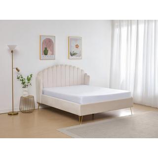Vente-unique Polsterbett 160 x 200 cm - wellenförmiges Kopfteil - Samt - Beige + Matratze - SAGALI  