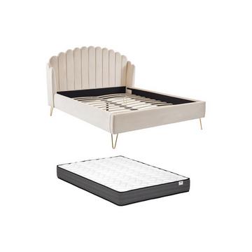 Polsterbett 160 x 200 cm - wellenförmiges Kopfteil - Samt - Beige + Matratze - SAGALI
