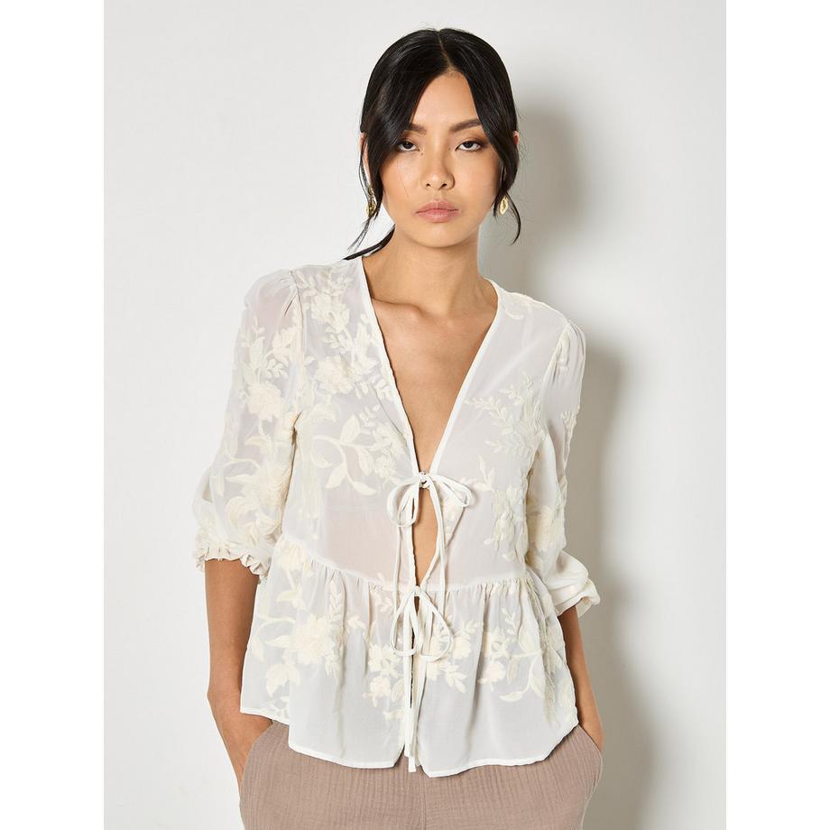 Besticktes Chiffon-Oberteil mit Blumenmuster