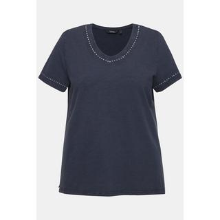 Ulla Popken  T-shirt con tintura a freddo, applicazioni, scollo a V e mezze maniche 