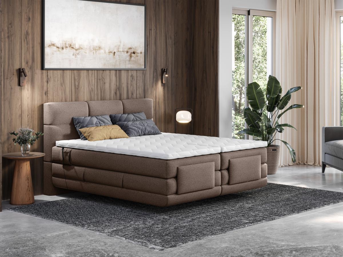 Vente-unique Boxspringbett mit gestepptem Kopfteil + elektrischem Untergestell mit Relaxfunktion + Matratze + Topper - 2 x 80 x 200 cm - Stoff - Braun - LODI von PALACIO  