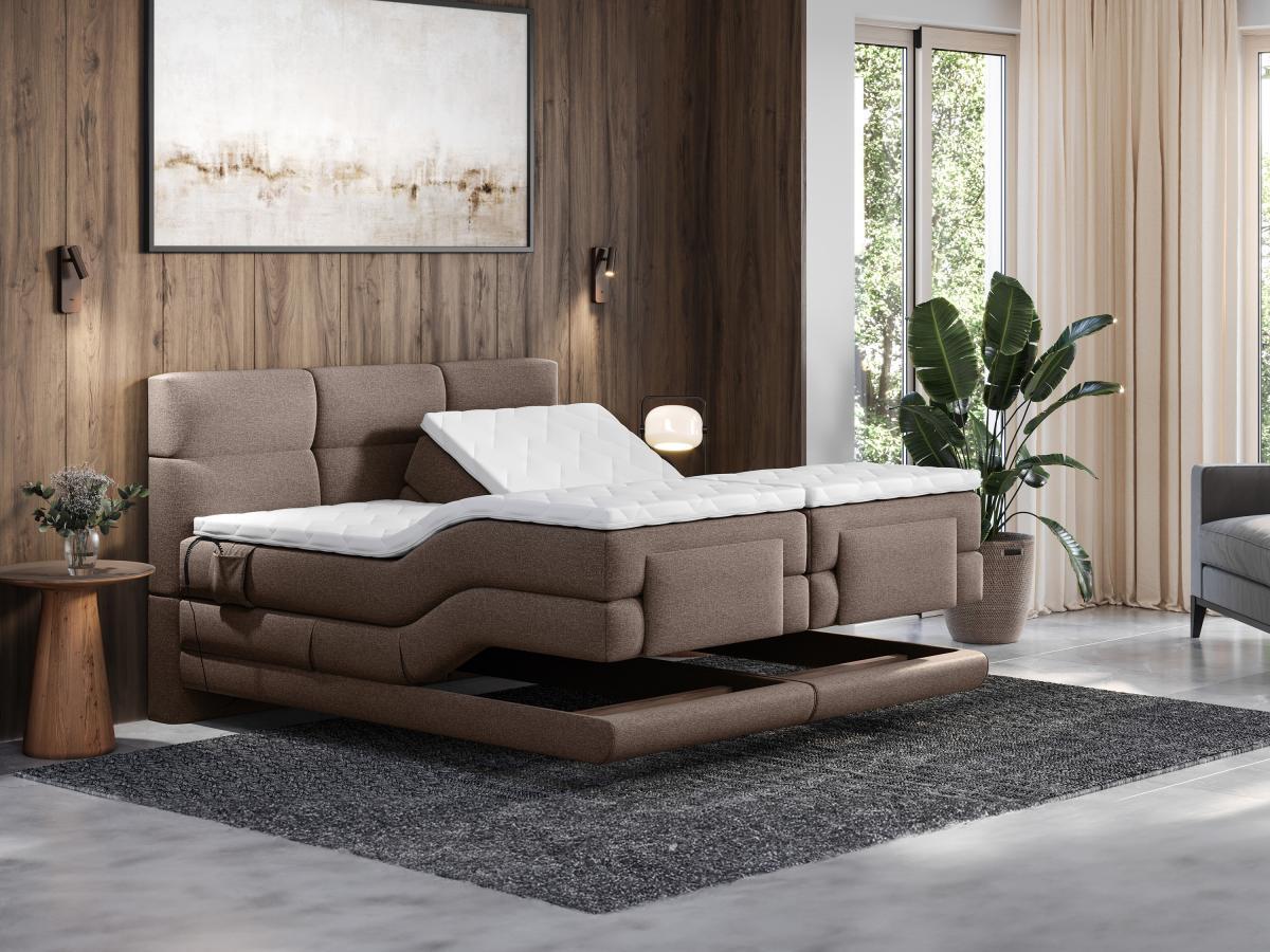 Vente-unique Boxspringbett mit gestepptem Kopfteil + elektrischem Untergestell mit Relaxfunktion + Matratze + Topper - 2 x 80 x 200 cm - Stoff - Braun - LODI von PALACIO  