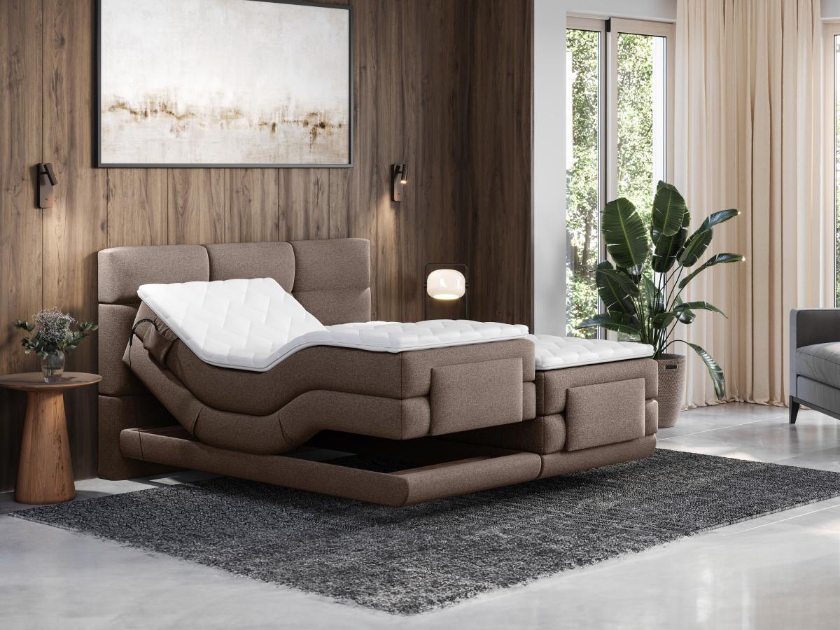 Vente-unique Boxspringbett mit gestepptem Kopfteil + elektrischem Untergestell mit Relaxfunktion + Matratze + Topper - 2 x 80 x 200 cm - Stoff - Braun - LODI von PALACIO  