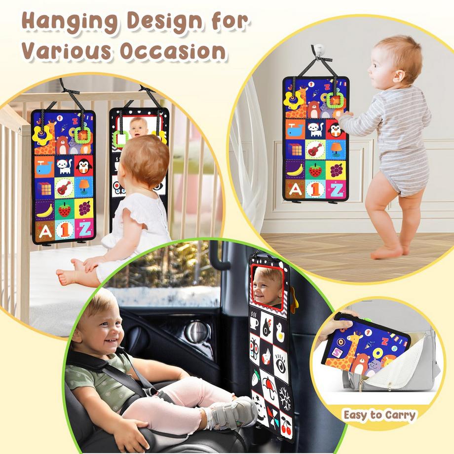 Activity-board  Baby Spiegelspielzeug mit Knisterbuch, Kontrastbuch Baby mit Beißring 