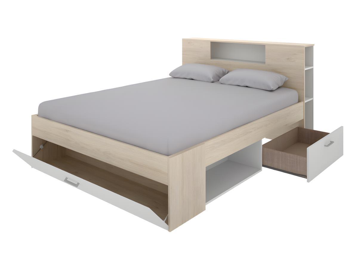 Vente-unique Letto con testata vani portaoggetti e cassetti Bianco e Naturale LEANDRE  