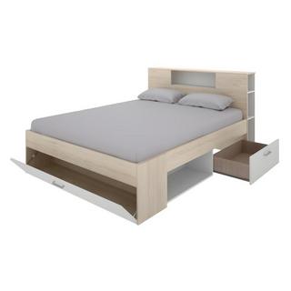 Vente-unique Letto con testata vani portaoggetti e cassetti Bianco e Naturale LEANDRE  