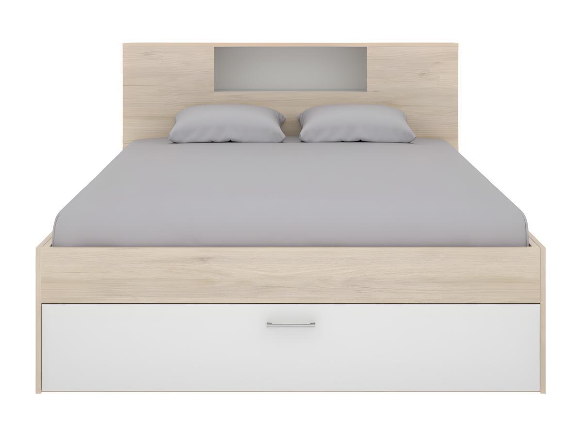 Vente-unique Letto con testata vani portaoggetti e cassetti Bianco e Naturale LEANDRE  