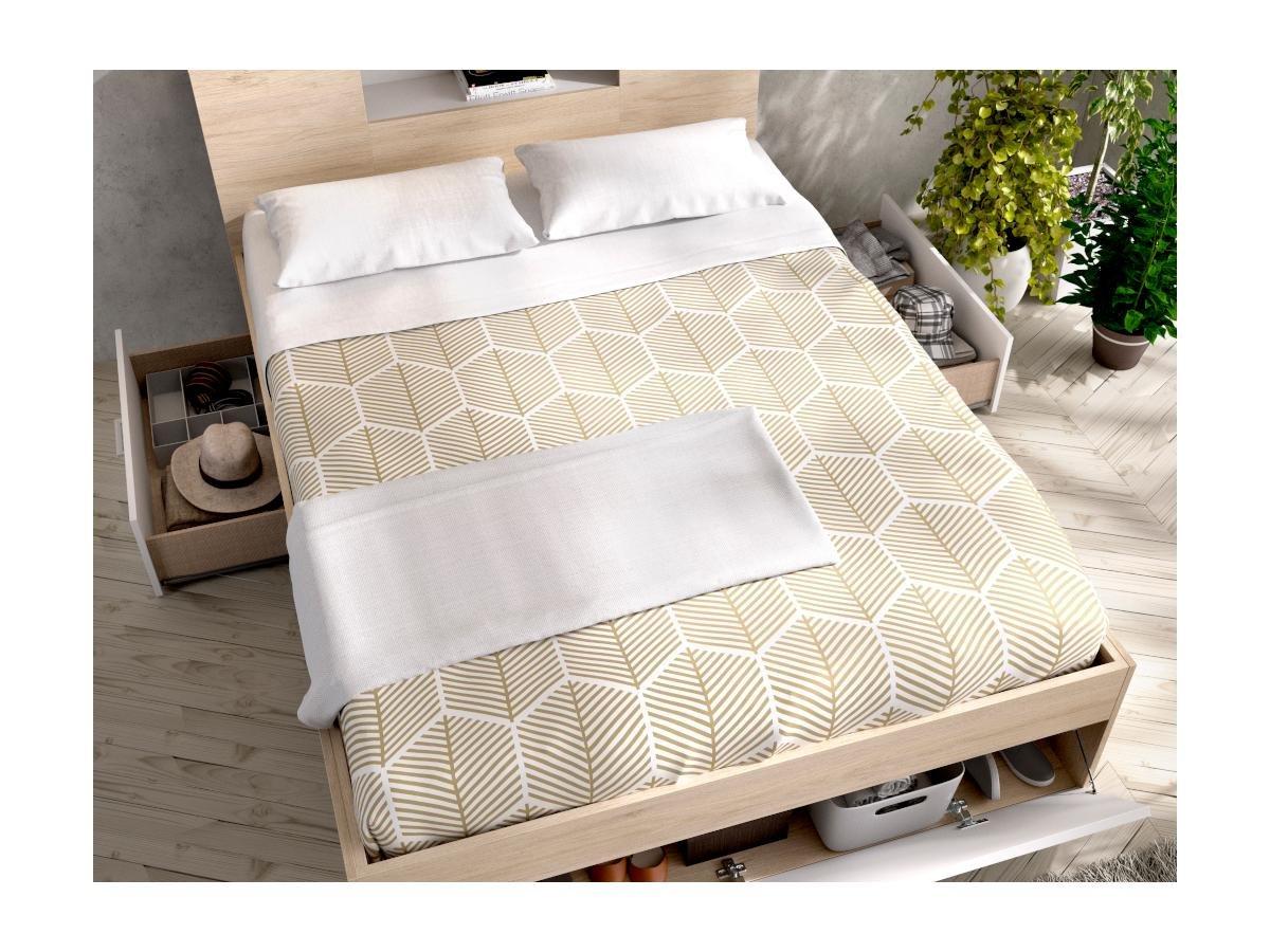 Vente-unique Letto con testata vani portaoggetti e cassetti Bianco e Naturale LEANDRE  