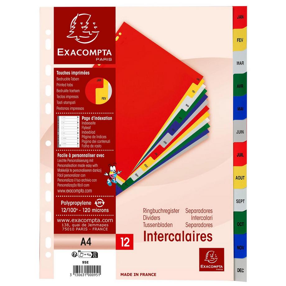 Intercalaires imprimés mensuels PP couleurs Janv-Décembre - A4 - x 20