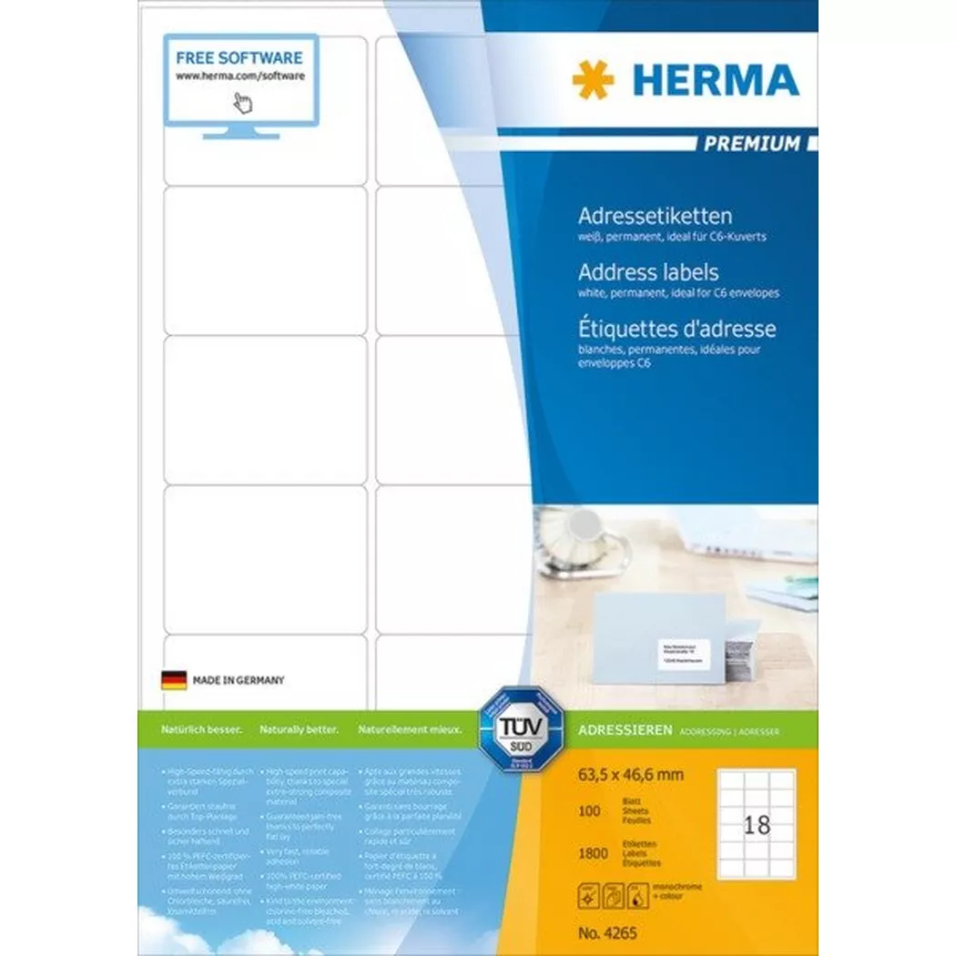 HERMA – Etiketten PREMIUM 63.5×46.6mm 4265 weiss,perm. 1800 St./100 Bl., One Size
