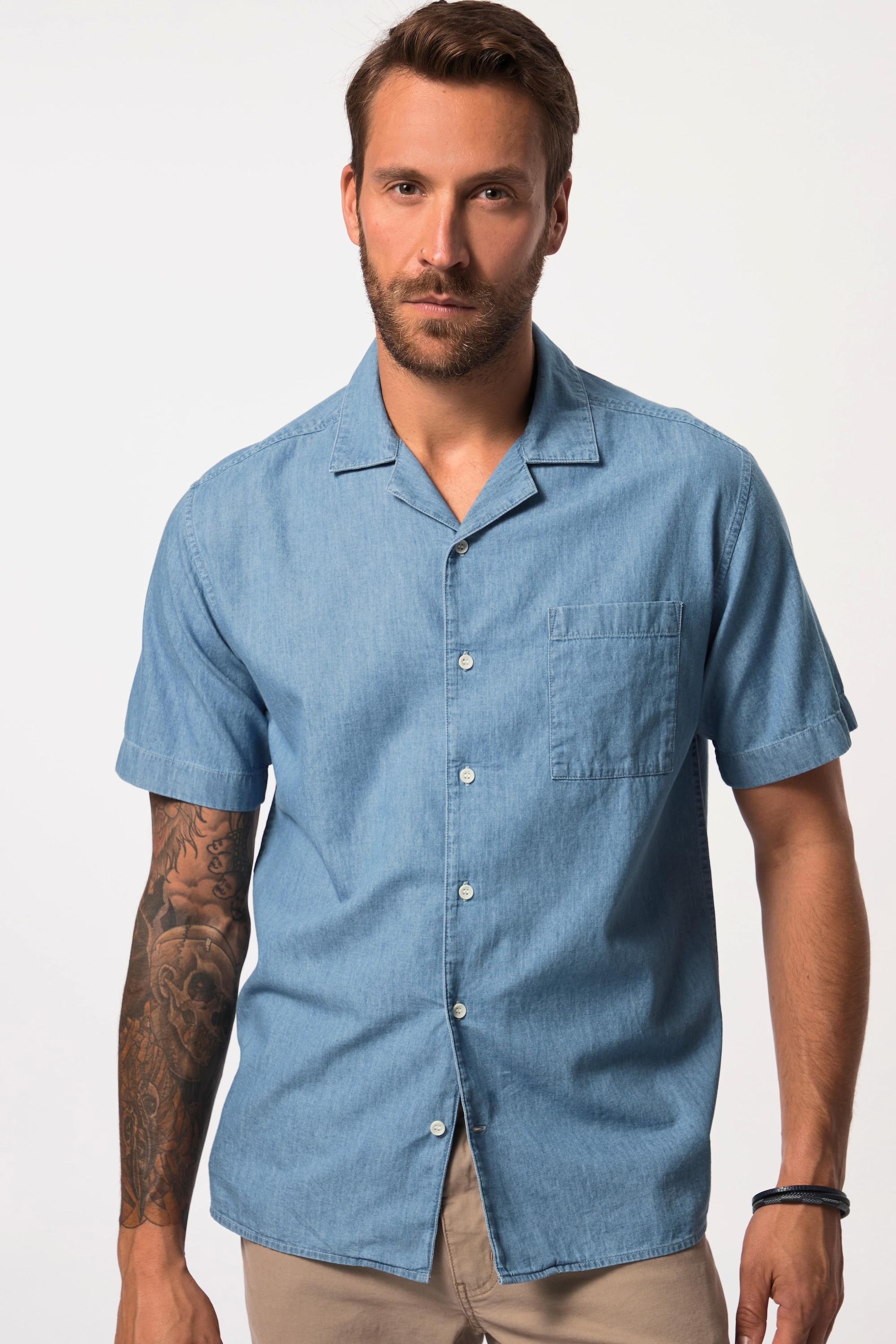 JP1880  Camicia con taglio alla cubana, effetto jeans, mezze maniche e colletto alla cubana blu chiaro 