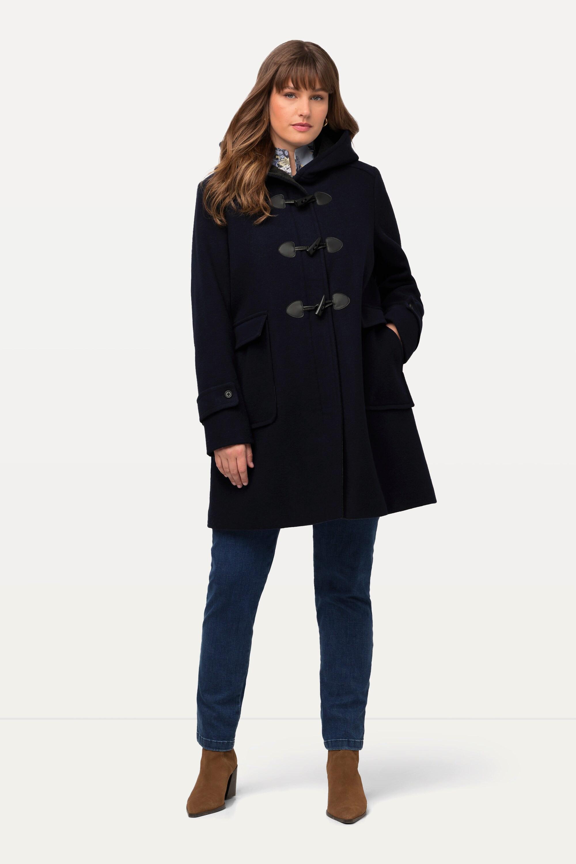 Ulla Popken Duffle-coat Laine Mélangée Silhouette A Capuche Boutons Brandebourg  