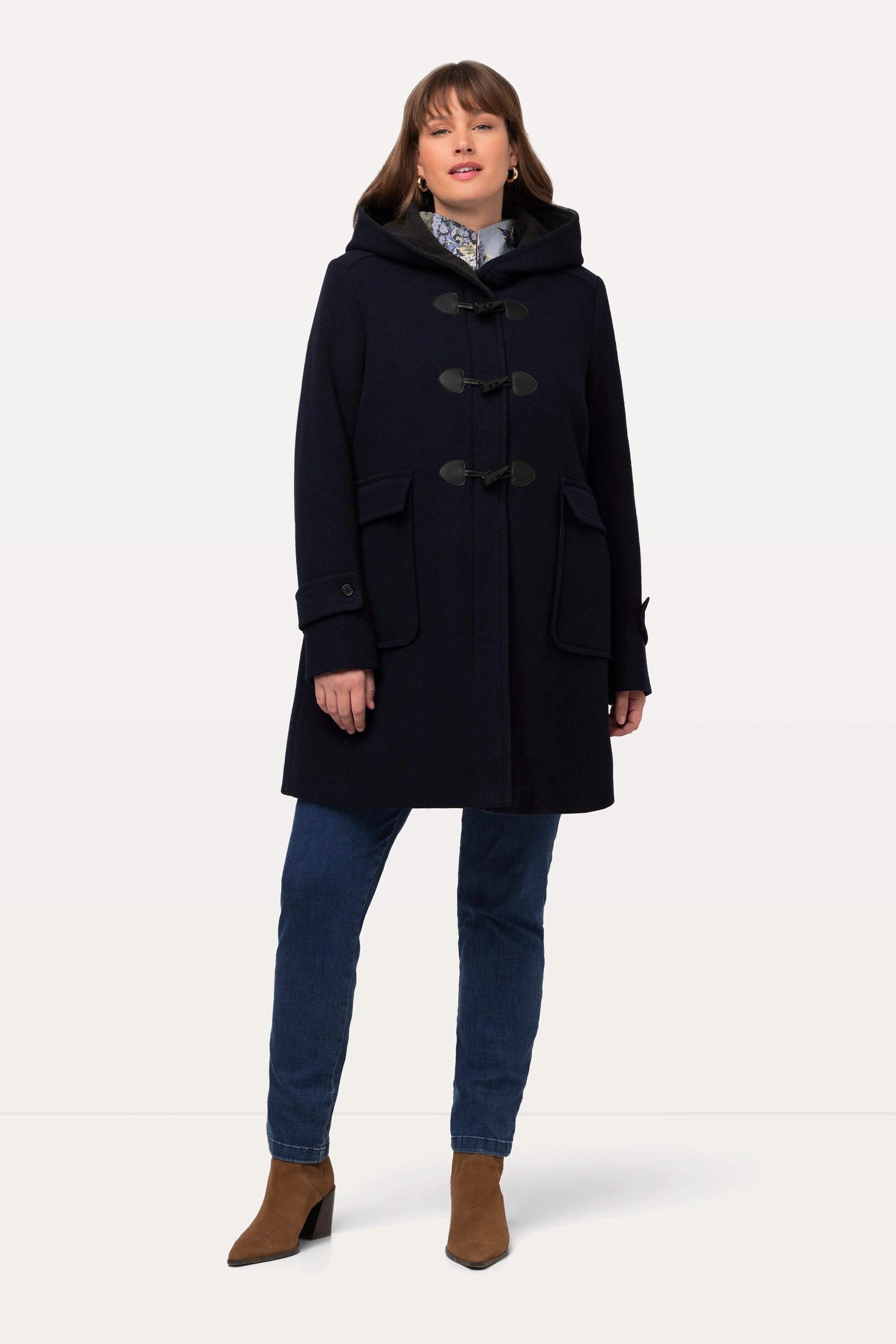 Ulla Popken Duffle-coat Laine Mélangée Silhouette A Capuche Boutons Brandebourg  