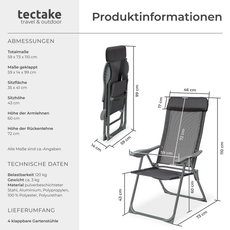 Tectake 4er Set Gartenstuhl Maurine klappbar Textilene-Gewebe mit Aluminiumgestell  