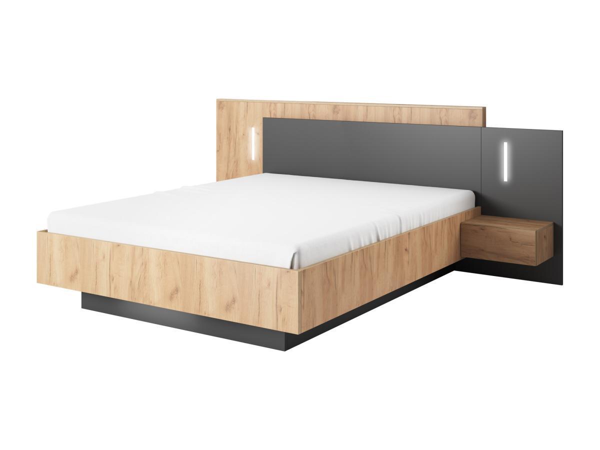 Vente-unique Bett mit Nachttischen - 140 x 190 cm - 2 Schubladen - Mit LED-Beleuchtung - Holzfarben & Anthrazit - FRANCOLI  
