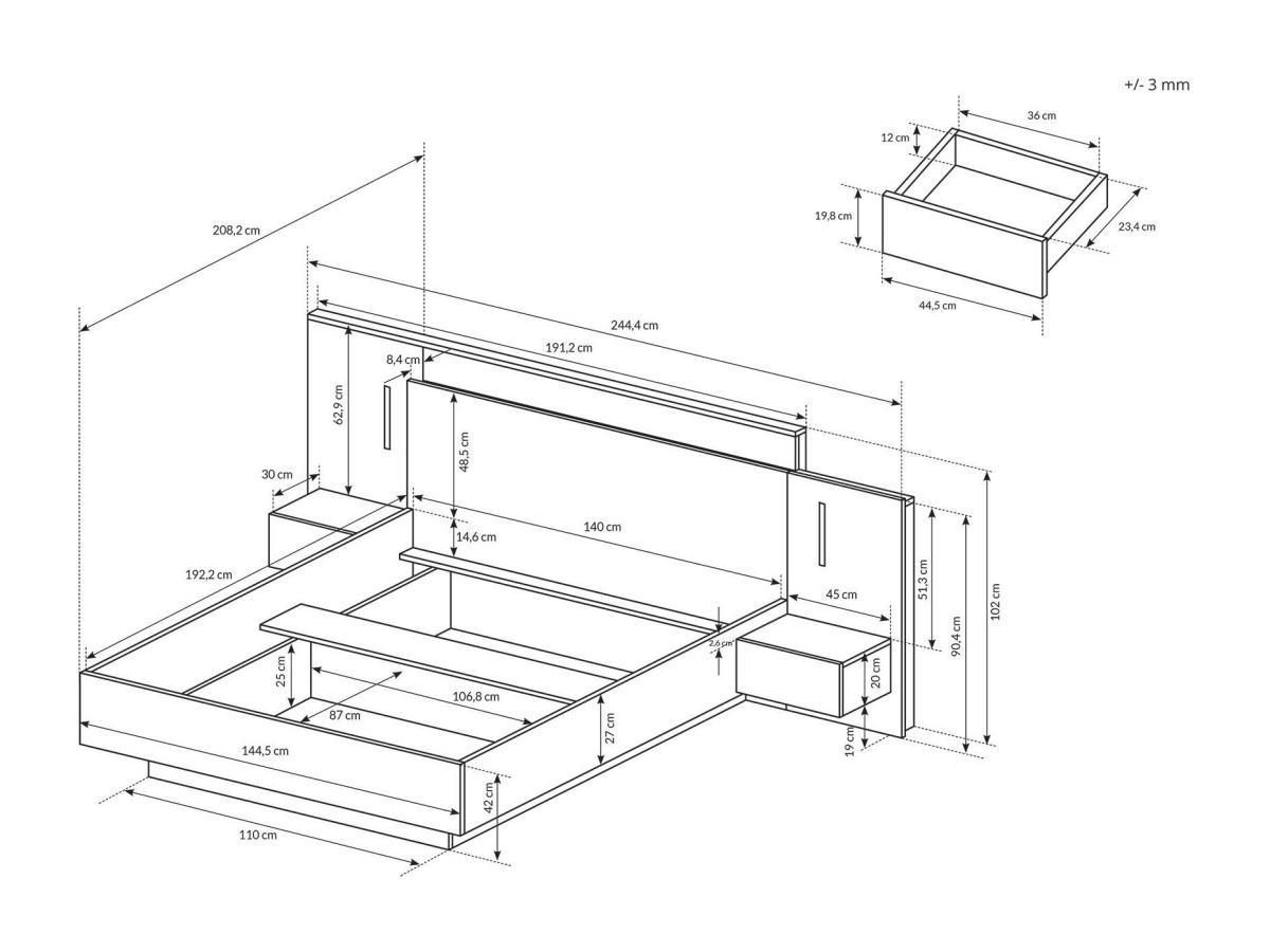 Vente-unique Bett mit Nachttischen - 140 x 190 cm - 2 Schubladen - Mit LED-Beleuchtung - Holzfarben & Anthrazit - FRANCOLI  