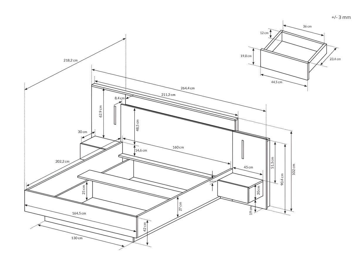 Vente-unique Bett mit Nachttischen - 140 x 190 cm - 2 Schubladen - Mit LED-Beleuchtung - Holzfarben & Anthrazit - FRANCOLI  